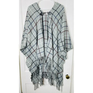 Charter Club Womens Knit Poncho One Size OS Gray Plaid Fringe Buckle Relaxed